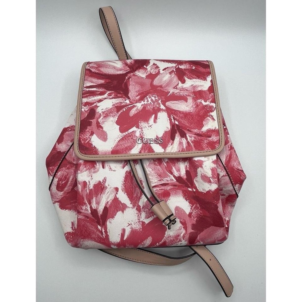 GUESS Pink Floral Backpack Purse Drawstring Flap Bag‎ Faux Leather Adjustable